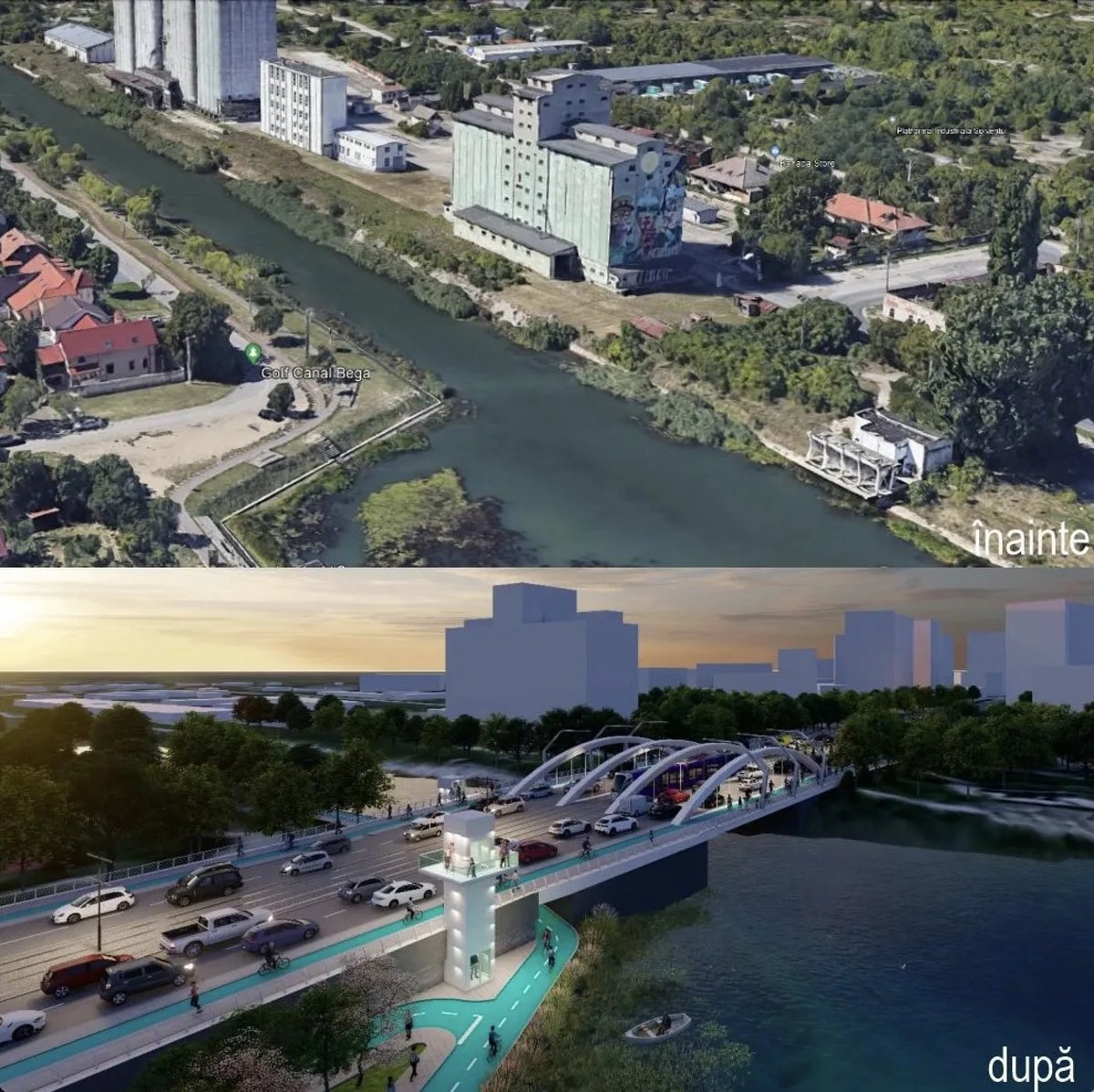 Vedere aeriană a canalului Bega înainte de lucrări de infrastructură.