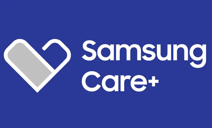 Logo Samsung Care+ pe fundal albastru, simbolizând protecția dispozitivelor Galaxy.