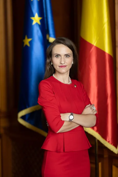 Oana Țoiu, în costum roșu, la sediul NATO, cu steaguri în fundal.