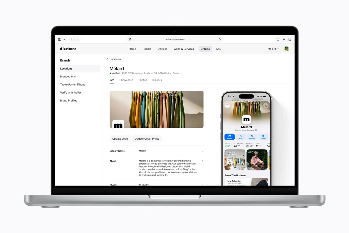 Interfața platformei Apple Business cu detalii despre branduri și locații.