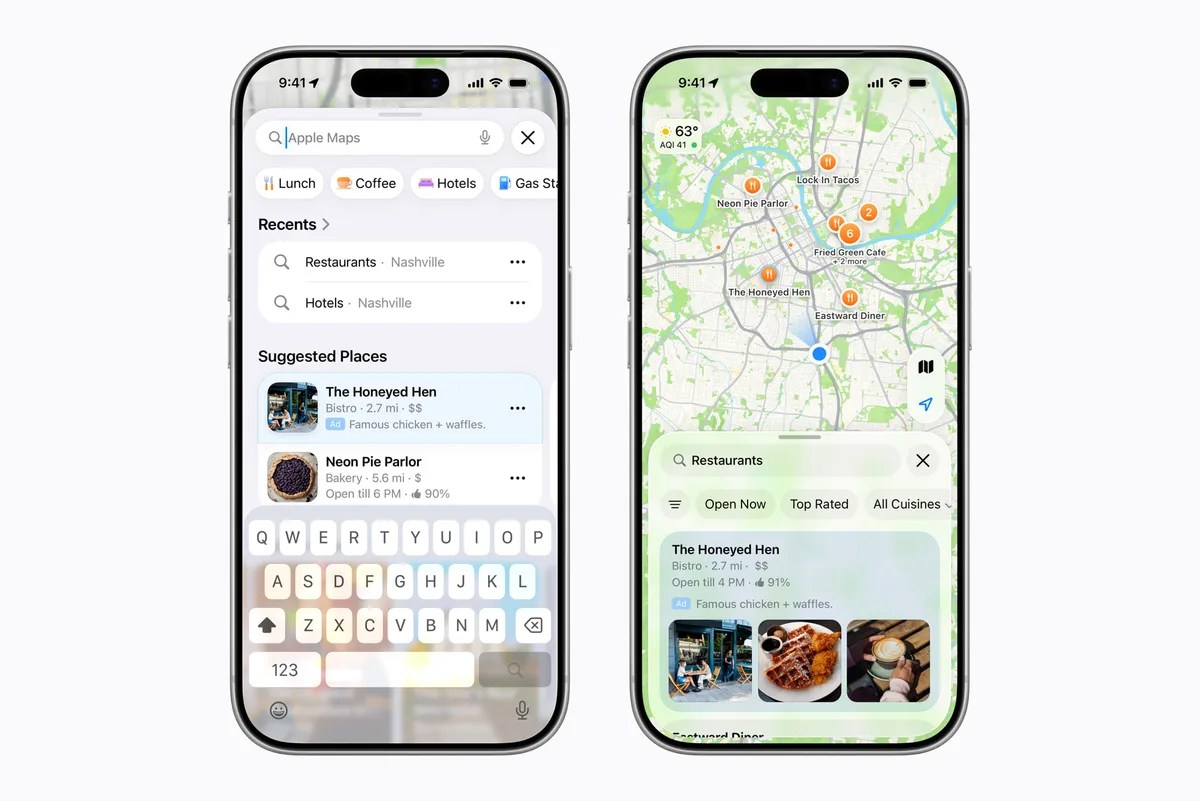 Ecranul Apple Maps arătând sugestii de restaurante și locații.