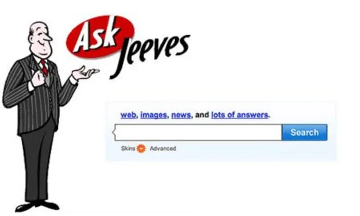 Logo-ul Ask Jeeves și interfața motorului de căutare.