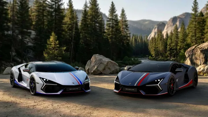 Două modele Lamborghini Revuelto NA63 în peisaj montan.