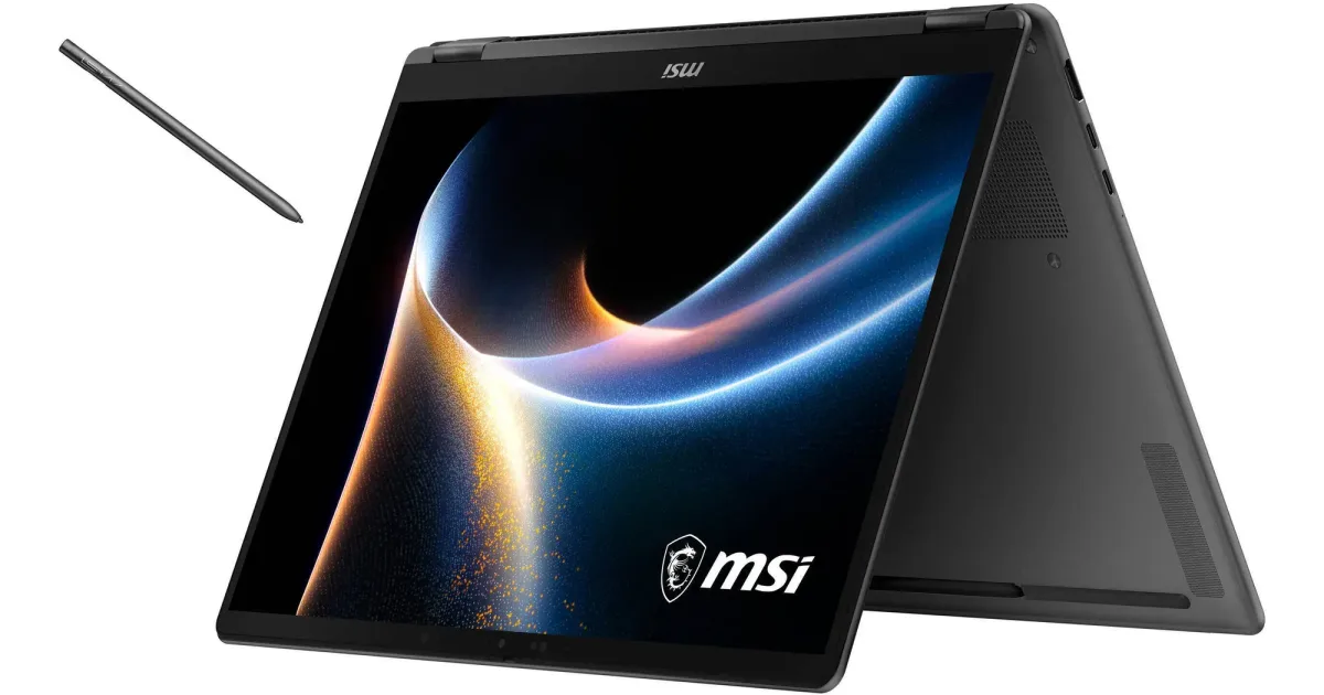 Laptop MSI Prestige Flip cu stylus Nano Pen lângă ecranul său vibrant.