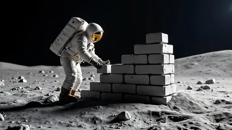 Astronaut construind o structură pe suprafața Lunii, în fundal un peisaj lunar.