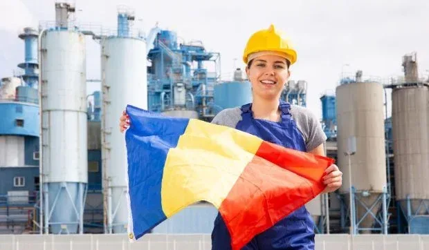Femeie cu cască de protecție ținând steagul României în fața unei fabrici.