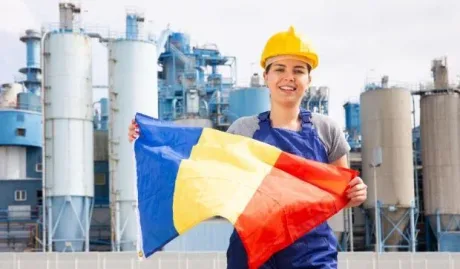 Femeie cu cască de protecție ținând steagul României în fața unei fabrici.
