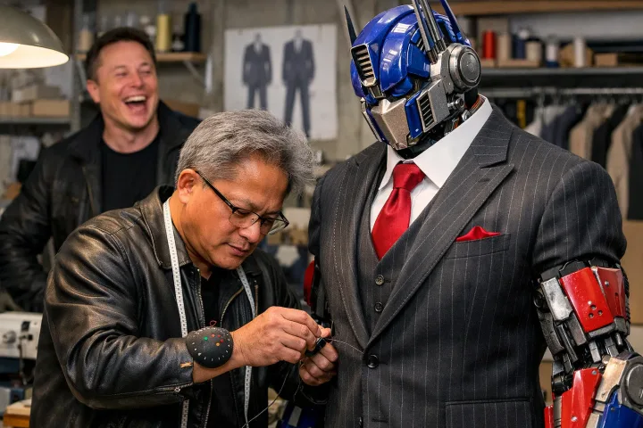 Jensen Huang ajustează un robot umanoid îmbrăcat elegant.