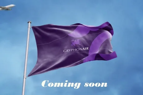 Steag Gryphon Air fluturând pe fundalul cerului senin.