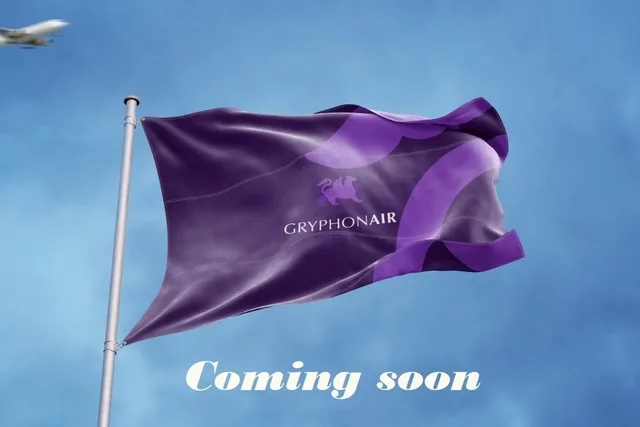 Steag Gryphon Air fluturând pe fundalul cerului senin.
