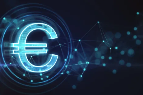 Simbolul euro digital pe fundal tehnologic avansat.