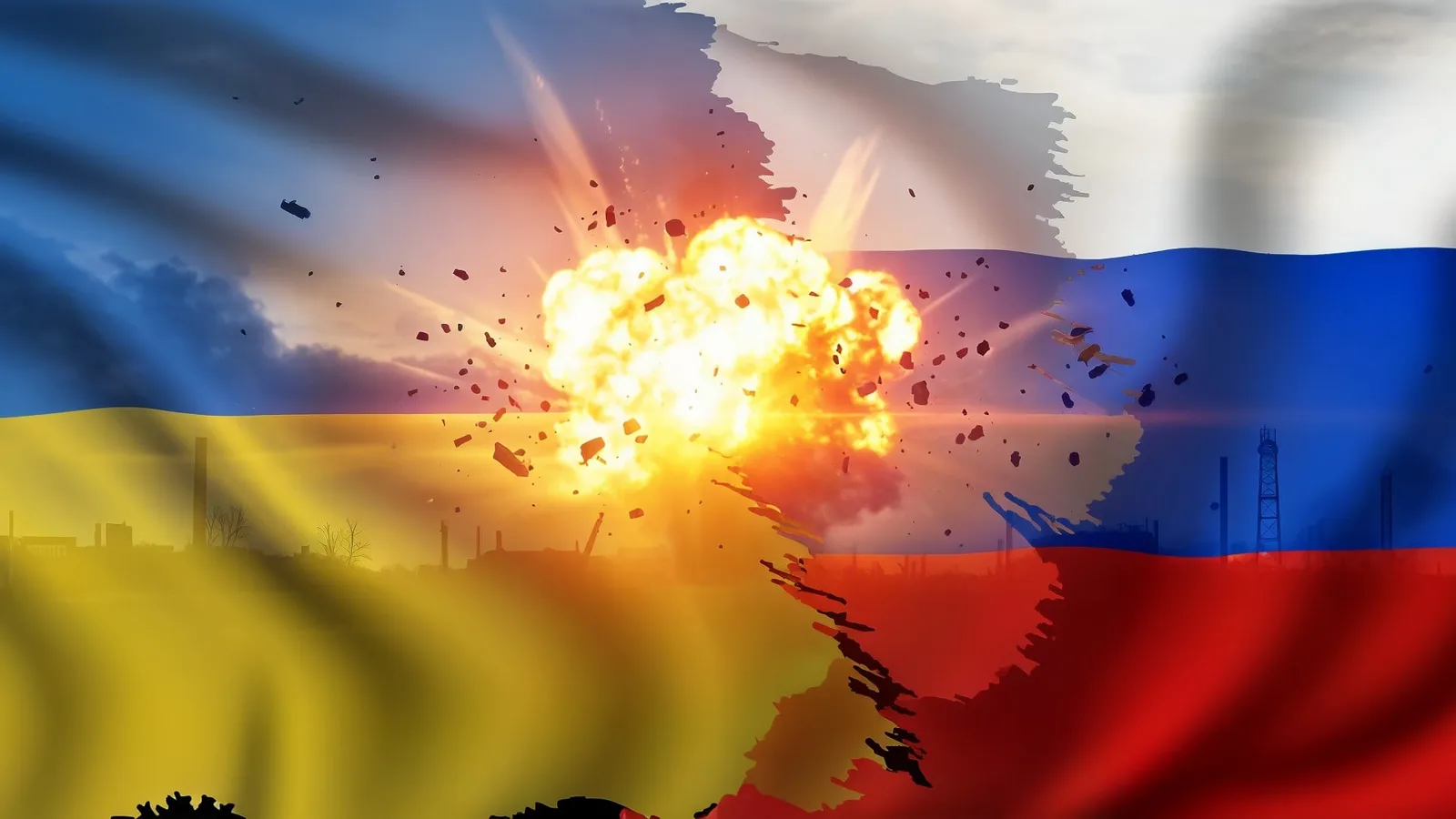 Explozie pe fundalul steagurilor Ucrainei și Rusiei, simbolizând conflictul.