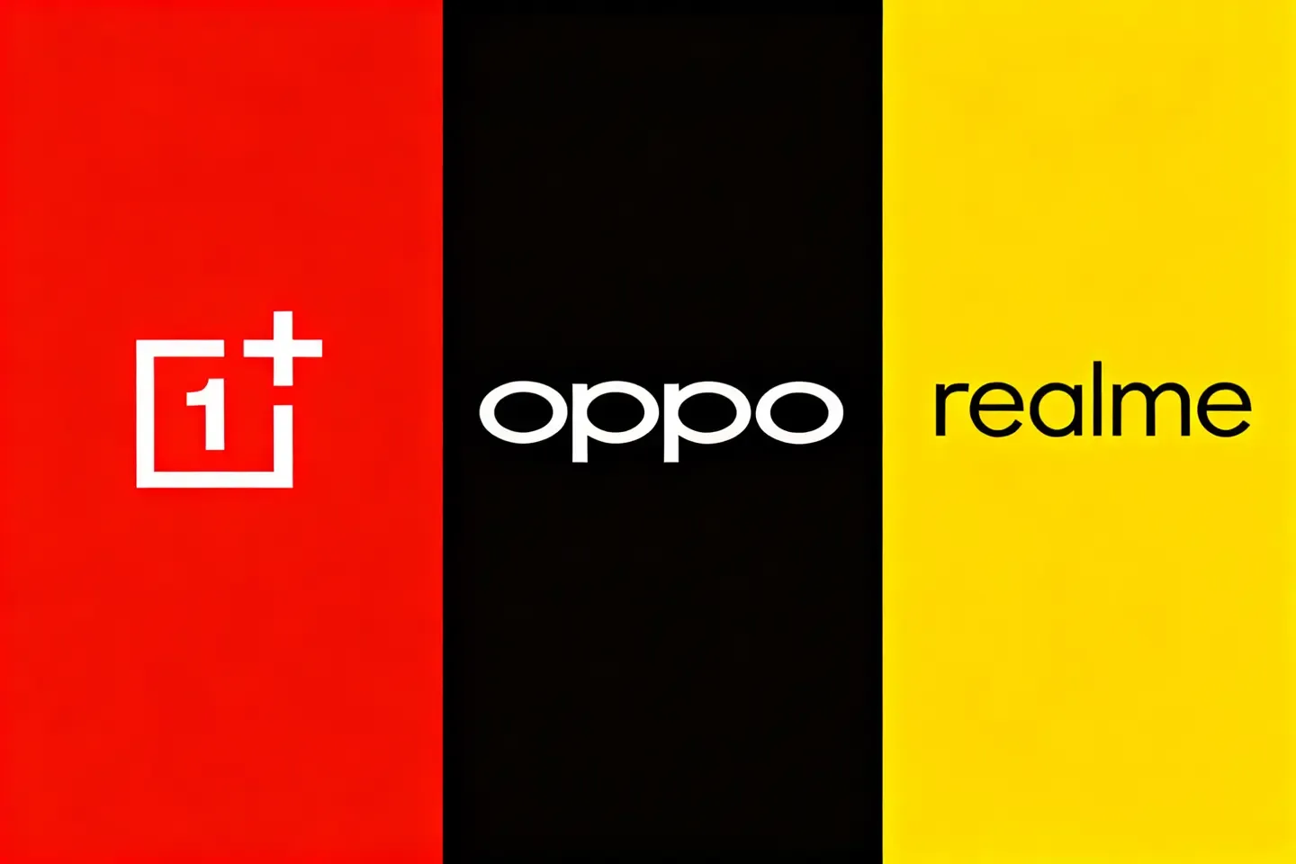Logo-urile OnePlus, OPPO și realme pe fundal colorat.