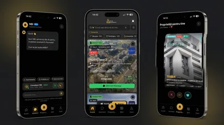 Aplicația mobilă pentru imobiliare din nordul Bucureștiului, cu interfață modernă.