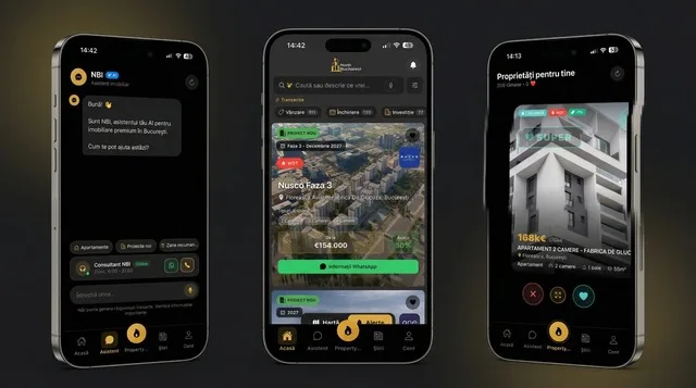 Aplicația mobilă pentru imobiliare din nordul Bucureștiului, cu interfață modernă.