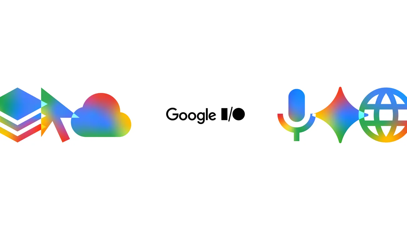 Logo Google I/O 2026 și simboluri de tehnologie moderne