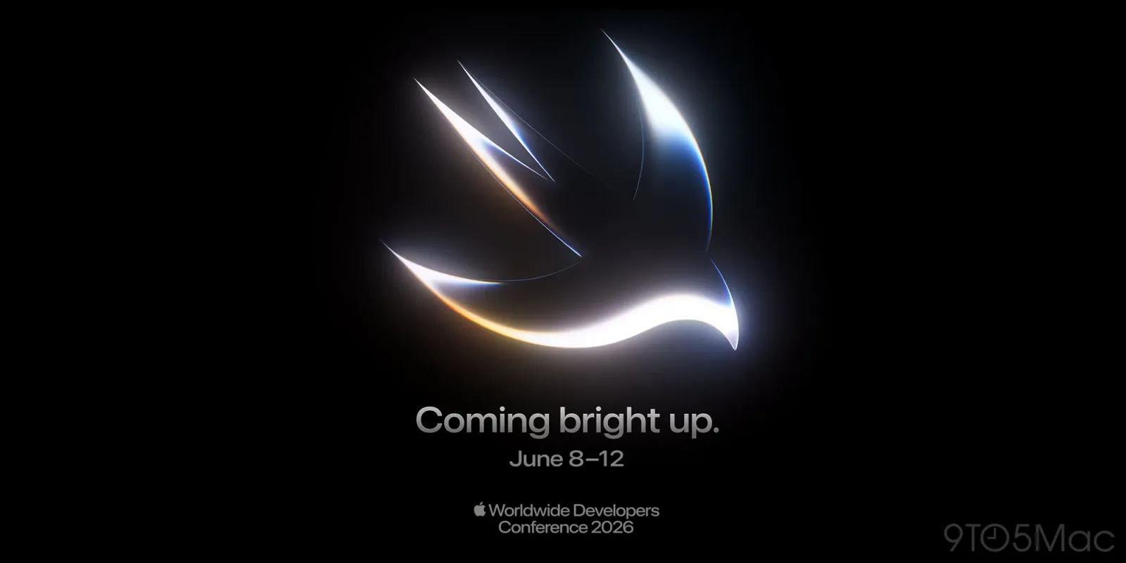 Logo-ul WWDC 2026 cu mesajul Coming bright up pe fundal întunecat.