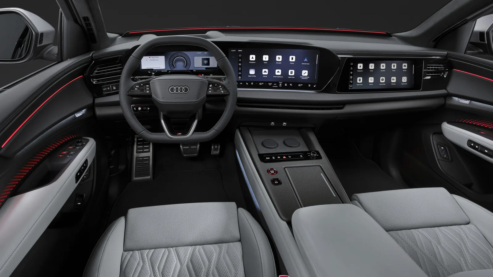 Interior modern al SUV-ului Audi Q9, cu ecrane și scaune elegante.