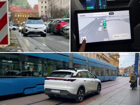 Vehicule autonome circulând pe străzile orașului, cu tehnologie avansată de navigație.