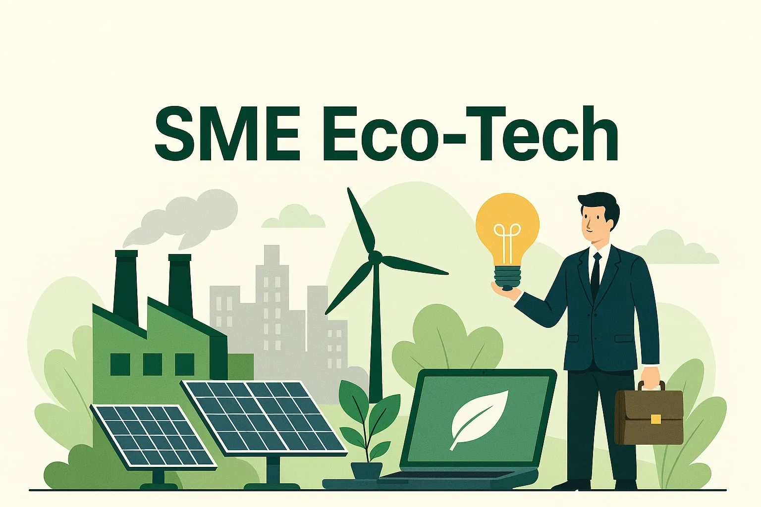 Un antreprenor ține o lampă lângă echipamente ecologice și tehnologii moderne.