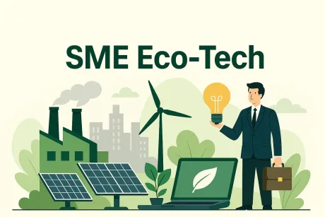 Un antreprenor ține o lampă lângă echipamente ecologice și tehnologii moderne.