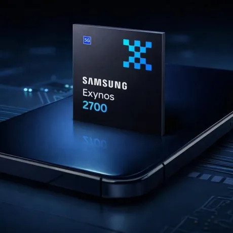 Cipul Exynos 2700 pe un telefon, evidențiind tehnologia avansată de procesare.