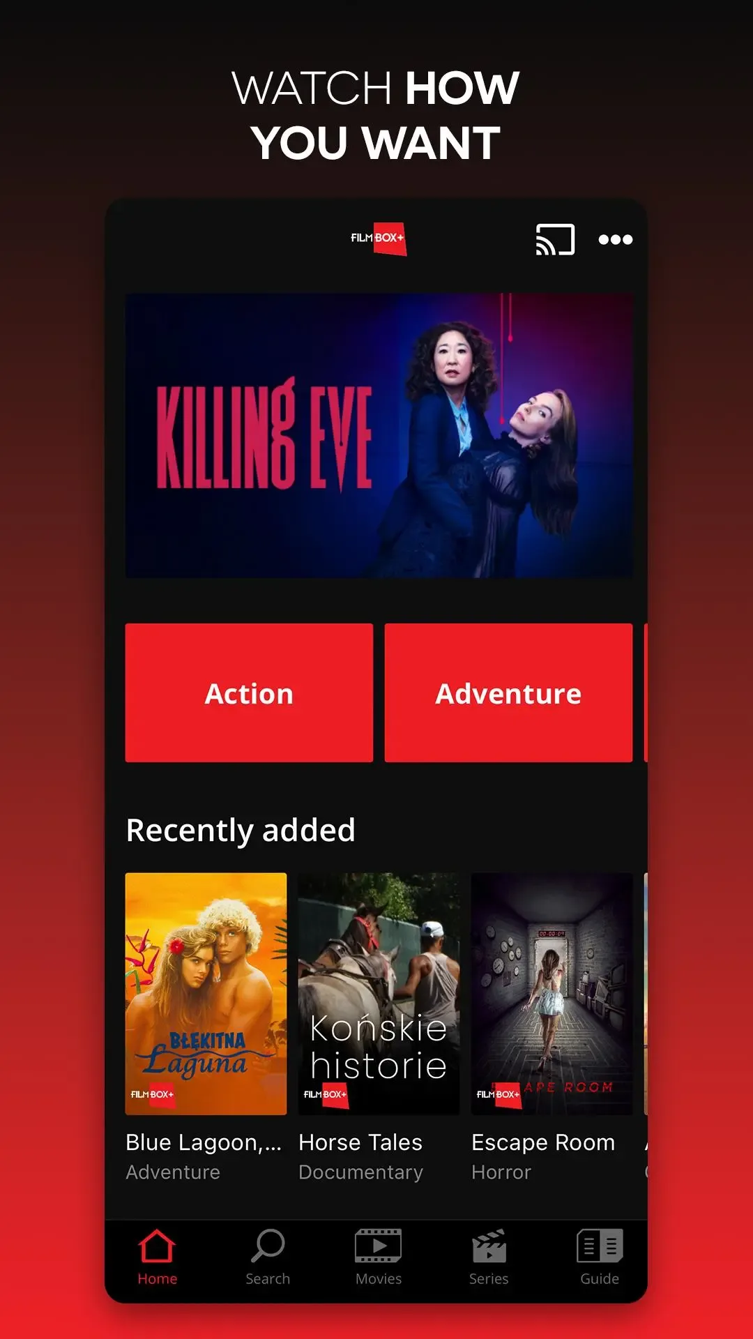 Interfața aplicației FilmBox+ cu diverse genuri de filme și seriale.