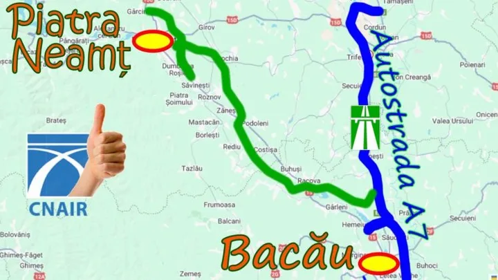 Harta Drumul Expres Bacău-Piatra Neamț, evidențiind traseul și localitățile importante.