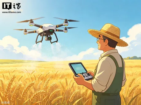 Un agricultor controlează o dronă pe câmpurile de grâu din China.