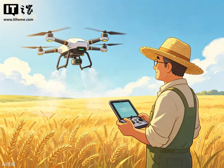 Un agricultor controlează o dronă pe câmpurile de grâu din China.