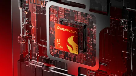 Cip Snapdragon 8 Elite Gen 5 pe un fundal roșu, evidențiind tehnologia avansată.