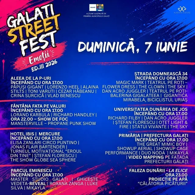 Programul evenimentului Galați StreetFest pe 7 iunie 2026.
