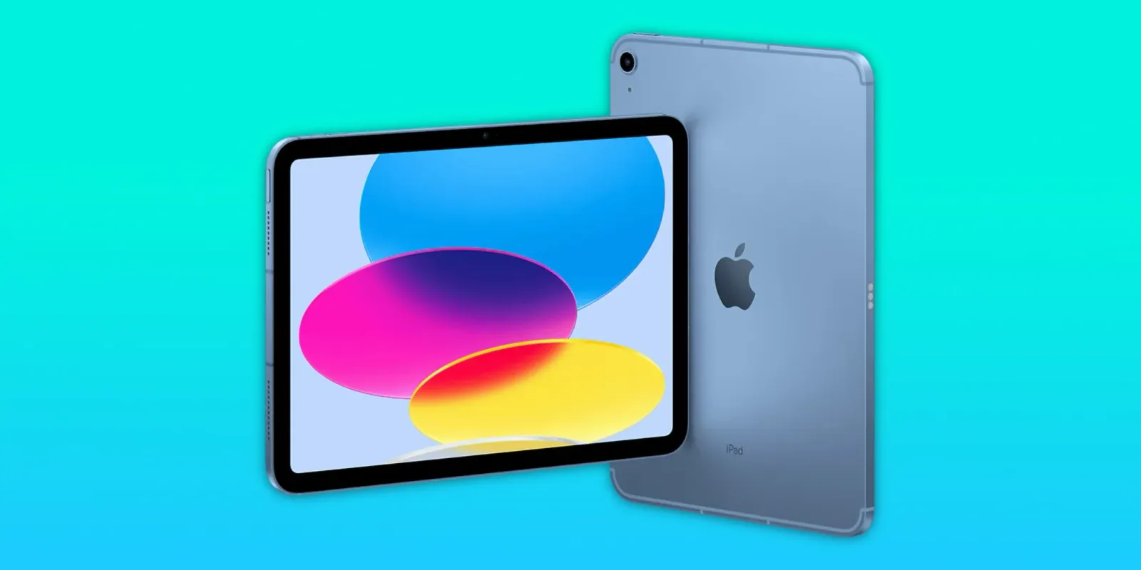 iPad de bază cu un design modern și culori vibrante pe fundal colorat.