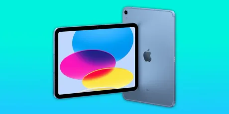 iPad de bază cu un design modern și culori vibrante pe fundal colorat.