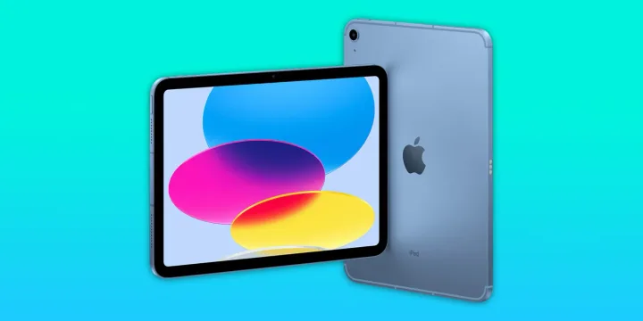 iPad de bază cu un design modern și culori vibrante pe fundal colorat.