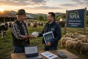 Un agricultor primește informații despre subvenții de la un reprezentant APIA.