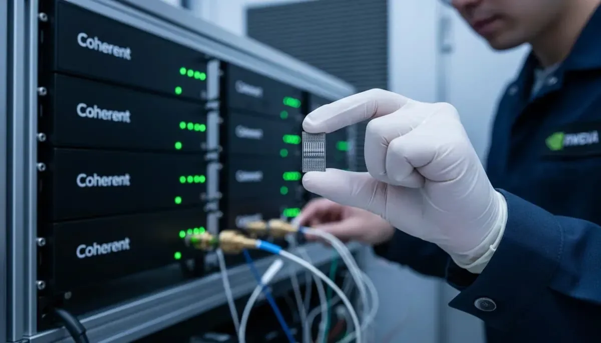 Un specialist examinează un modul optic Coherent pentru centre de date AI.