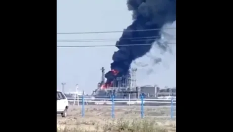 Fum negru se ridică de la o rafinărie în flăcări.
