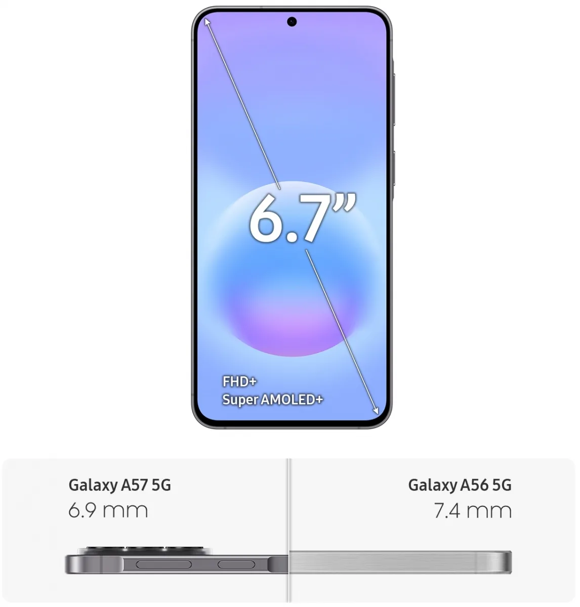 Ecranul Galaxy A57 cu muchii înguste și design elegant.