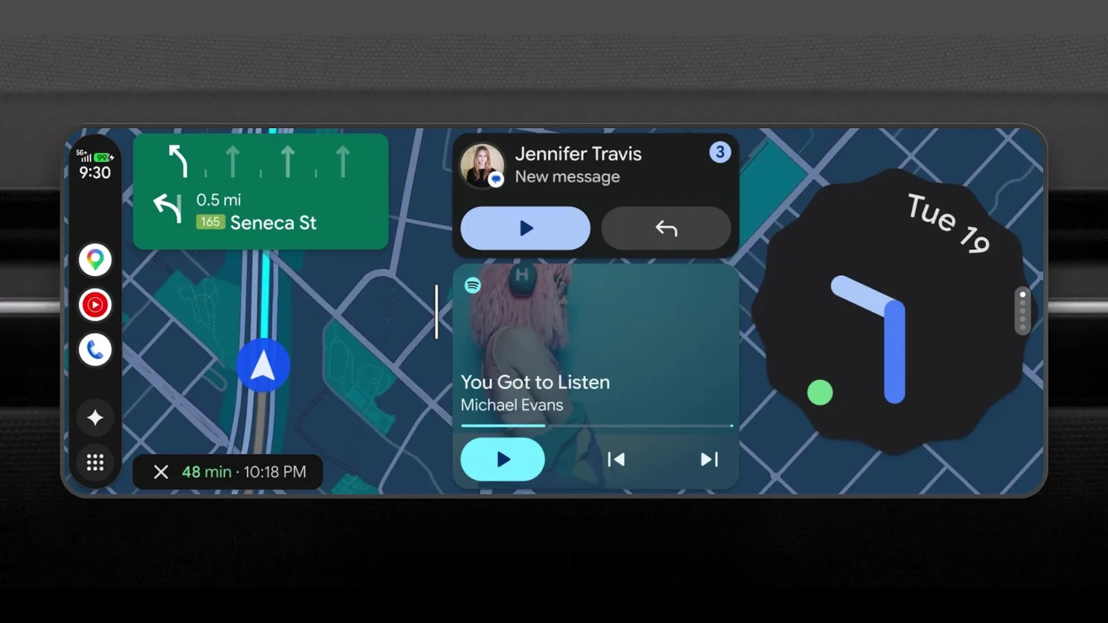 Interfața Android Auto cu widget-uri și opțiuni video pentru utilizatori.