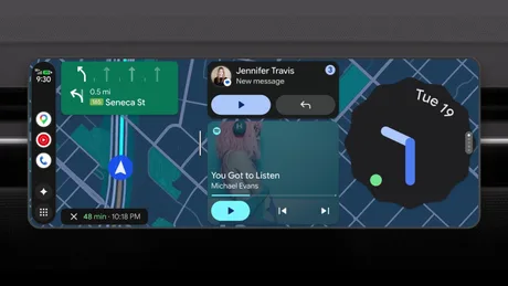 Interfața Android Auto cu widget-uri și opțiuni video pentru utilizatori.