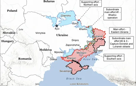 Harta care ilustrează zonele de conflict din Ucraina și strategiile militare rusești.