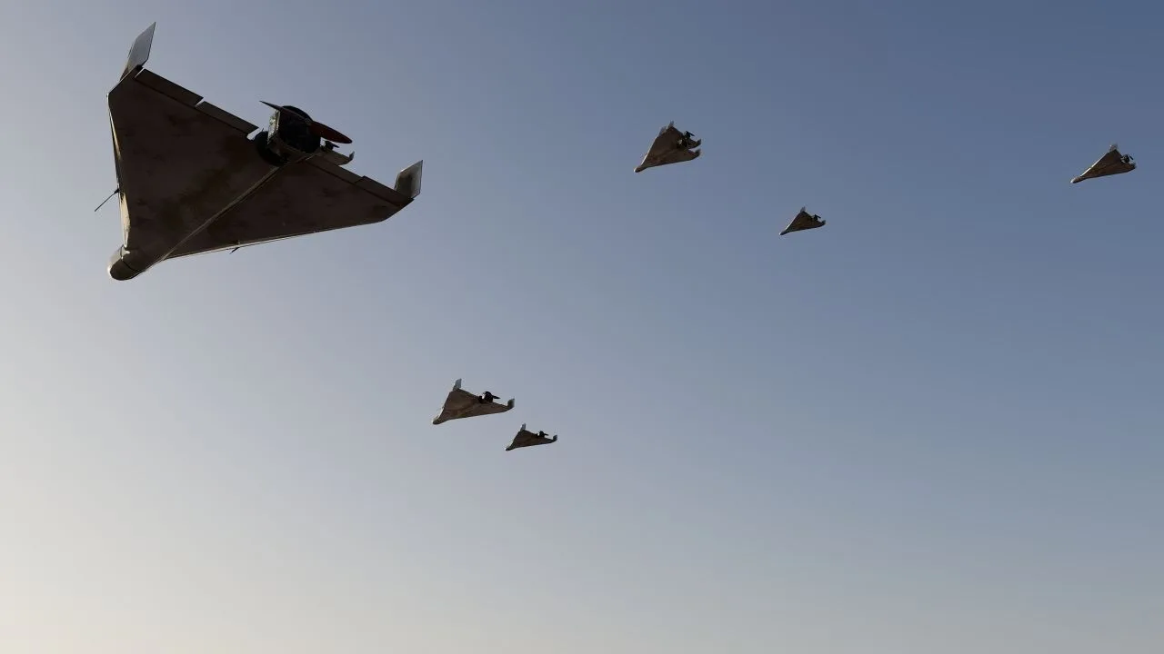 Drone de atac zburând pe cer în timpul conflictului din Ucraina.