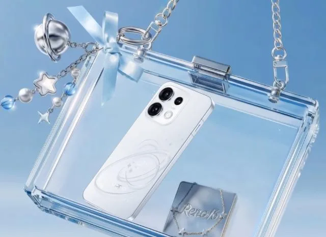 Telefon OPPO Reno16 într-o cutie elegantă, cu accesorii strălucitoare.