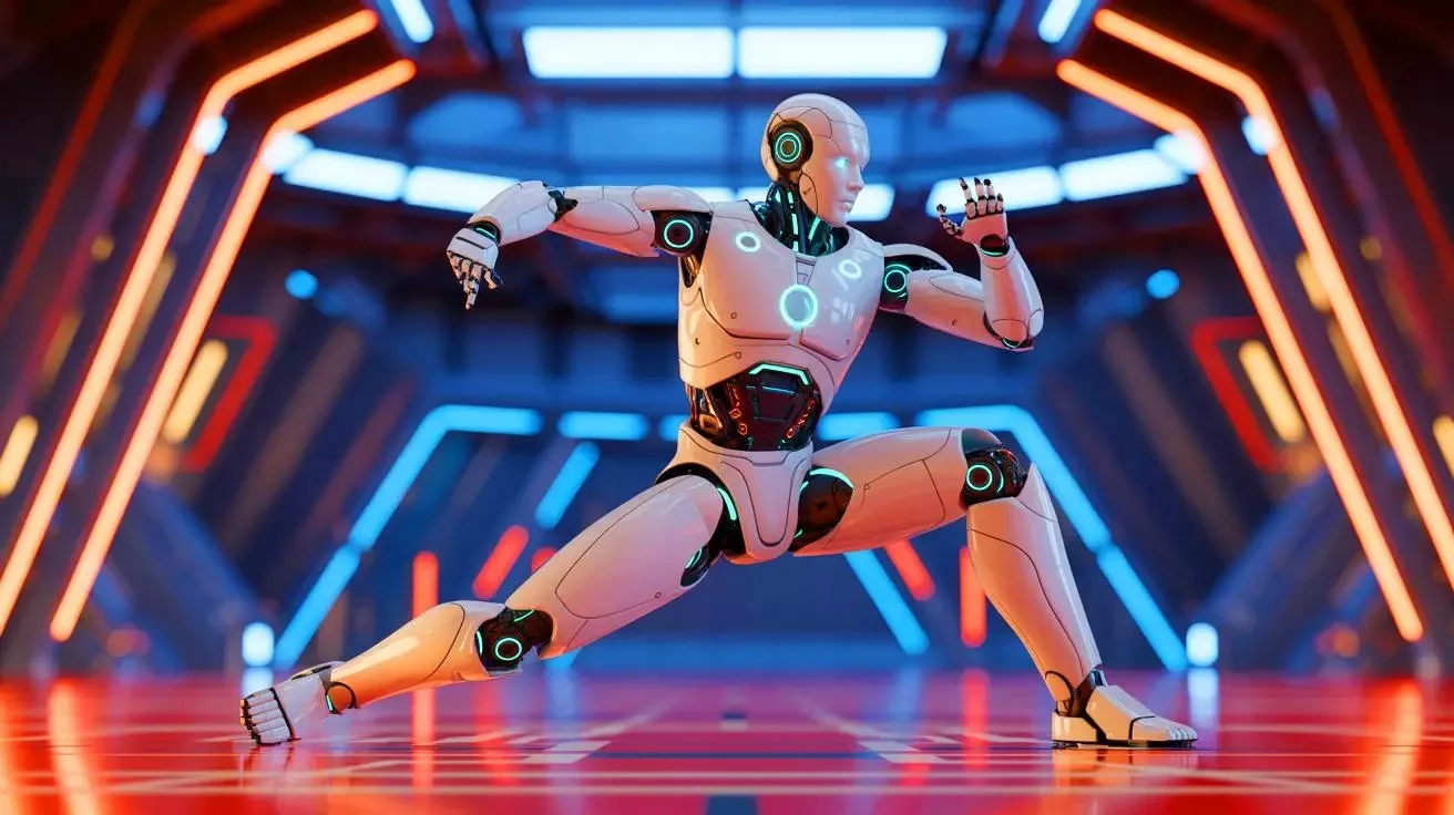 Roboți umanoizi exersând kung fu într-un mediu futurist, demonstrând abilități avansate de coordonare.