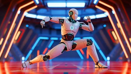 Roboți umanoizi exersând kung fu într-un mediu futurist, demonstrând abilități avansate de coordonare.