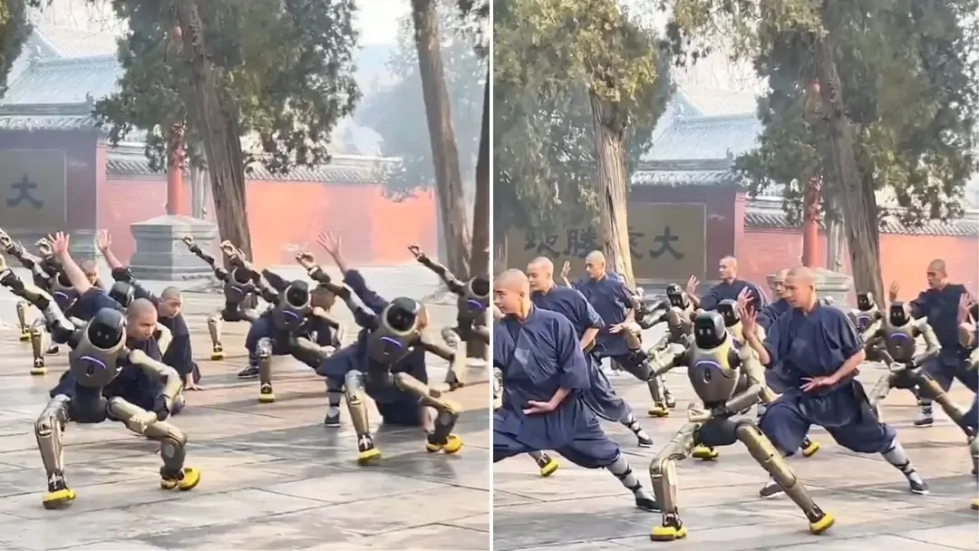 Roboți umanoizi exersând kung fu alături de călugări la Templul Shaolin.