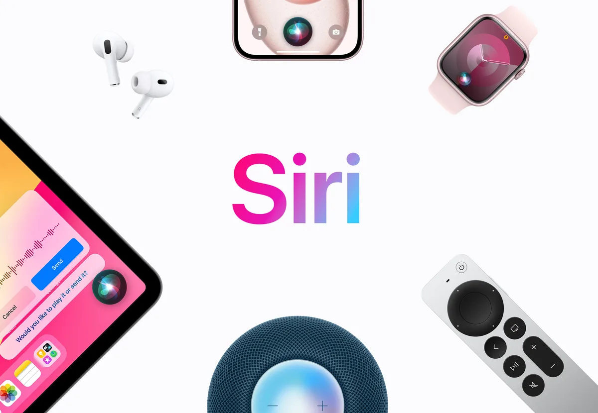 Logo Siri înconjurat de dispozitive Apple moderne