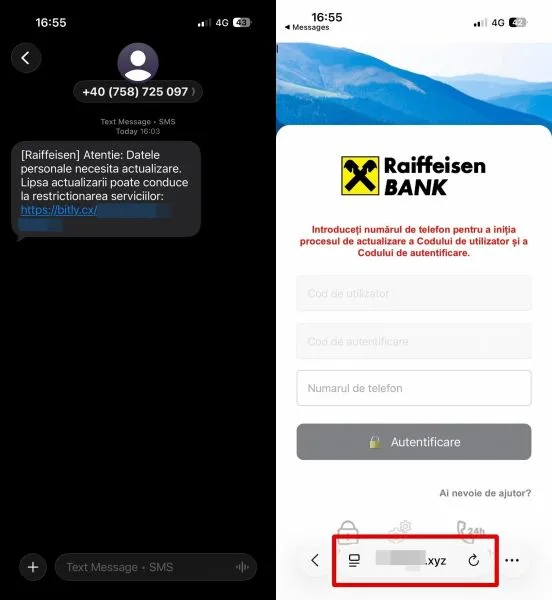 Mesaj SMS fals de la bancă care solicită actualizarea datelor personale.