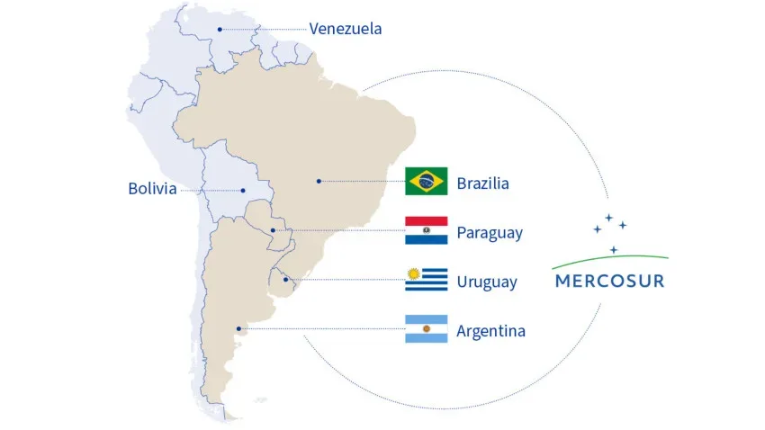 Hartă a țărilor membre Mercosur și vecinătățile acestora.